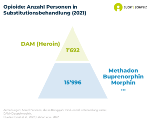 15'996 personnes ont été en traitement de substitution aux opioïdes (méthadone, buprénorphine, morphine, oxycodone) au moins une fois dans l'année (données de 2022). Par ailleurs, 1'692 personnes ont suivi un traitement de substitution à l'héroïne (données de 2022).
